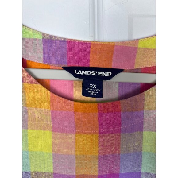 Lands' End Top Women's Multicolor Rainbow Plaid 100% Linen Short Sleeve 2X - Picture 4 of 8